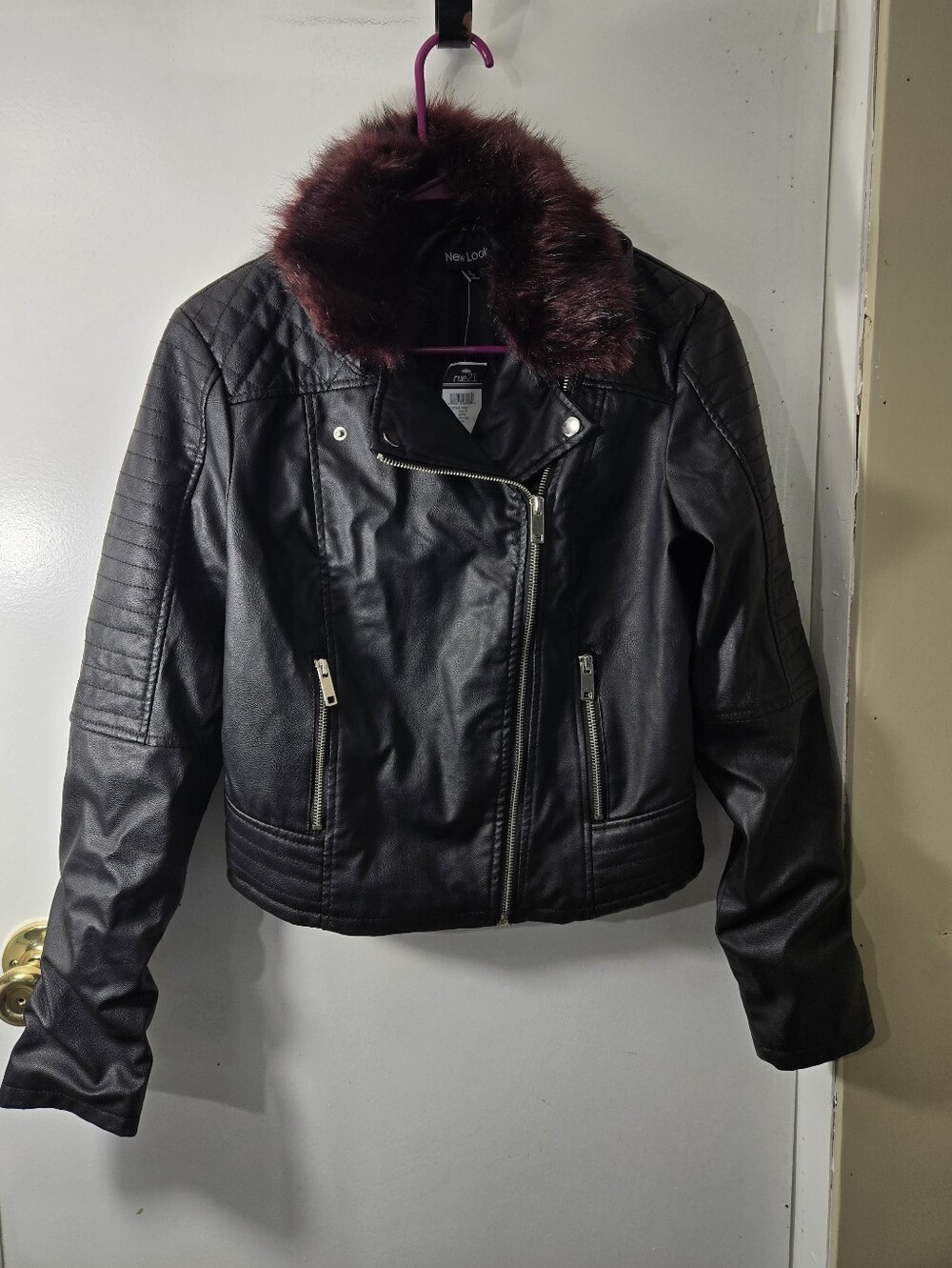 New Look Faux Leather Jacket Burgundy Faux Fur Collar Whimsigoth Y2K Rock Edgy